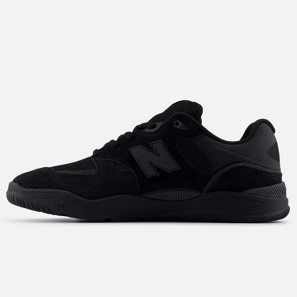 The 1010 CR Tiago Lemos Black New Balance Numeric Suede Skateboarding Shoes feature a low-profile mesh and suede upper, ABZORB midsole for comfort, and the iconic N logo, displayed against a plain white background.
