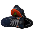 A pair of 1010 SO Tiago Lemos Blue Black Suede New Balance Numeric Skateboarding Shoes, with one shoe on its side showing the sole and the other upright highlighting the tongue and laces.