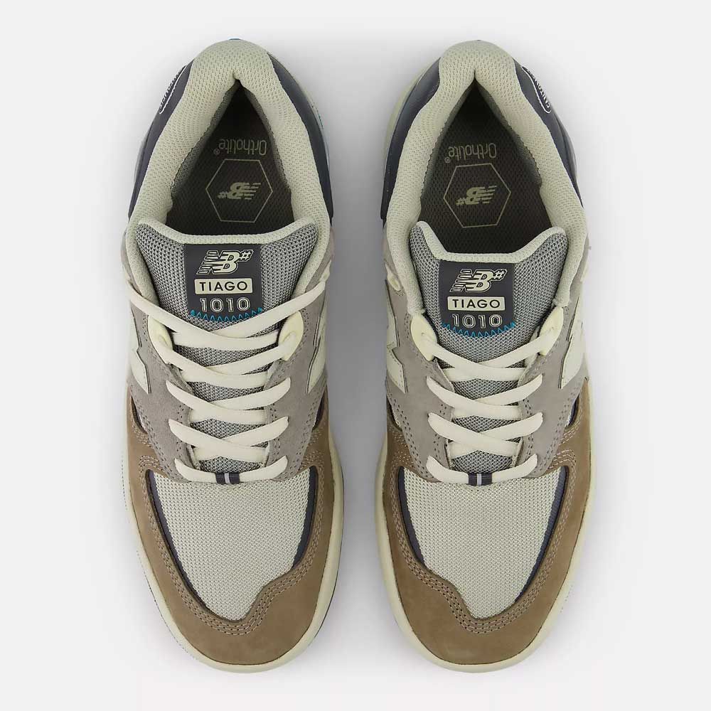 A top view of the New Balance Numeric 1010 Y Tiago Lemos Gray Day Marble Head Island Blue suede skateboarding shoes featuring white laces, mesh uppers, and insoles with New Balance and Ortholite branding.
