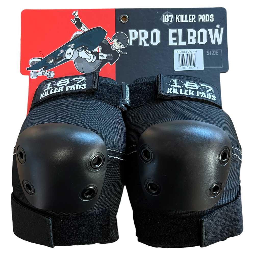 A pair of 187 Pro Elbow Pads Black in packaging, featuring a cartoon skateboarder performing a trick—superior impact protection and reliable gear, perfect for skaters seeking high-quality elbow pads.