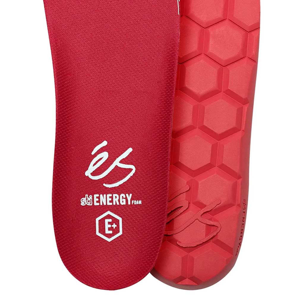 Close-up of two red insoles from Accel Blue White Suede éS Skateboarding Shoes—one shows a textured hexagonal sole, the other displays the white éS logo and STI Energy Foam E+ branding, ideal for longtime Accel and skateboarding fans.