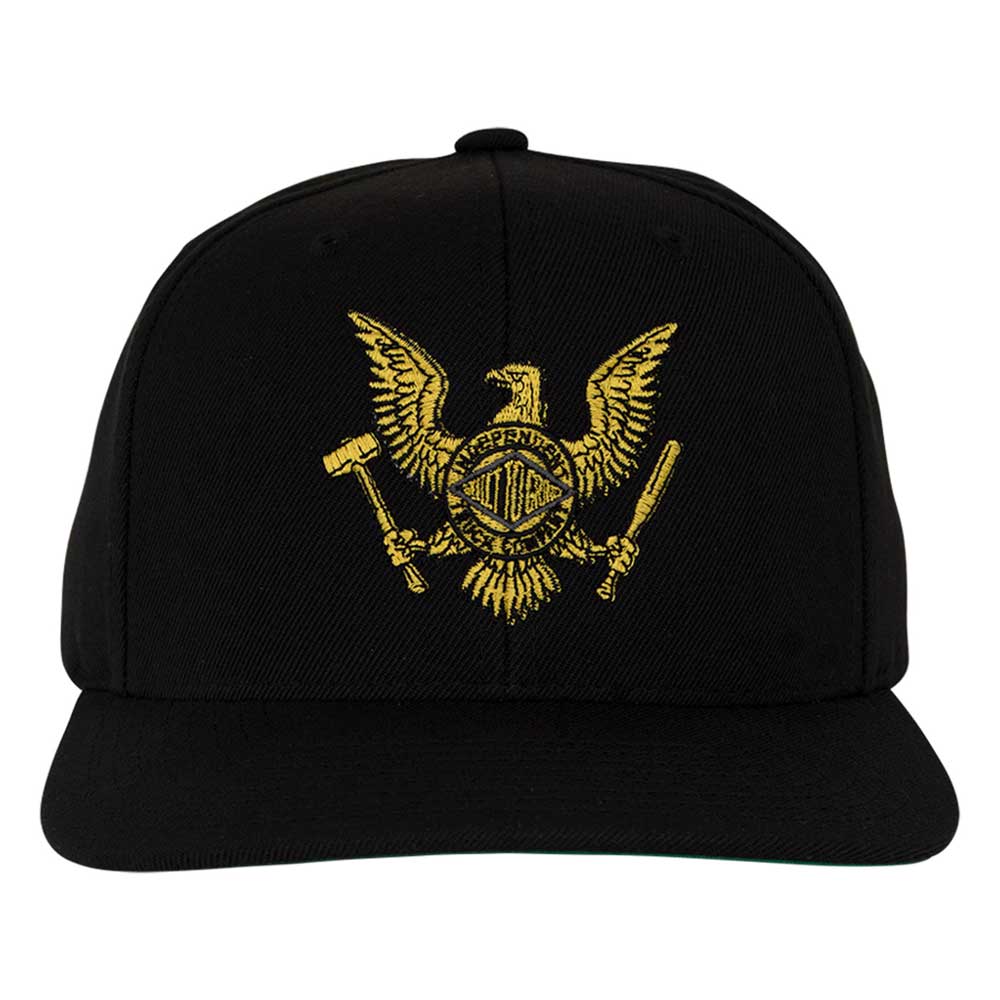 The Tools of the Trade Snapback Structured Hat in black features a gold embroidered eagle holding a hammer and wrench, with a circular emblem on its chest. Unisex, one size.