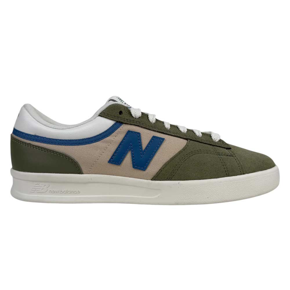 The 430 CZY New Balance Numeric Suede Skateboarding Shoes feature olive green suede, beige side panels, a blue N logo, white laces and heel collar, and a cushioned white sole, shown from the side profile.