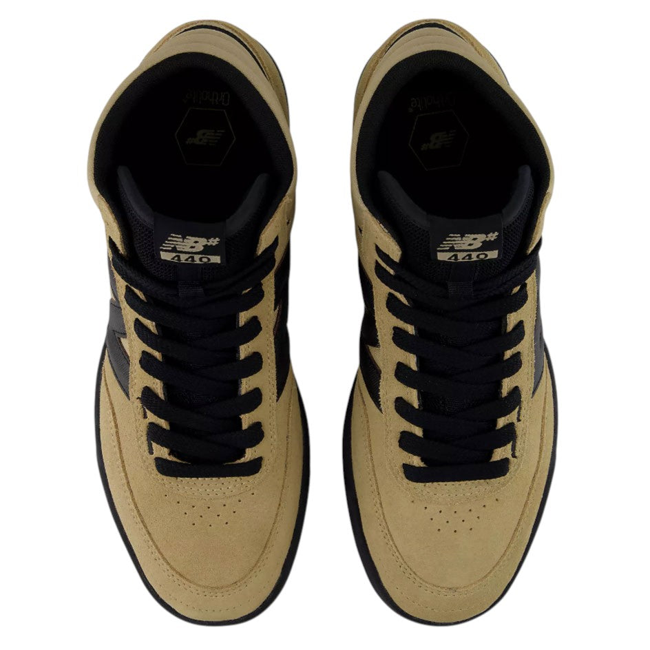 A pair of 440 HAW New Balance Numeric Suede Skateboarding Shoes in tan with black laces, collars, and outsoles, viewed from directly above.