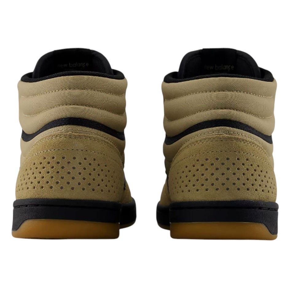 Back view of two tan 440 HAW New Balance Numeric Suede Skateboarding Shoes, featuring black collars, dark ABZORB midsoles, and gum rubber outsoles.