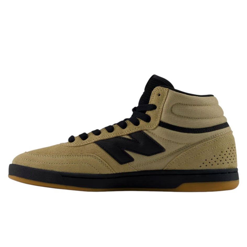 Tan 440 HAW New Balance Numeric Suede Skateboarding Shoes high-top skate shoe with black laces, a black side logo, and a durable dark rubber sole.