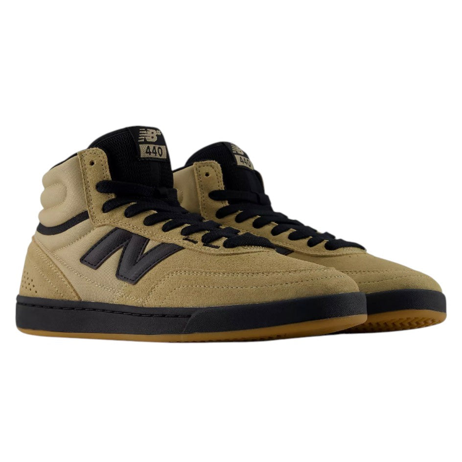 440 HAW New Balance Numeric Suede Skateboarding Shoes in tan high-top style with black laces, black trim, an ABZORB midsole, and a durable gum rubber sole.