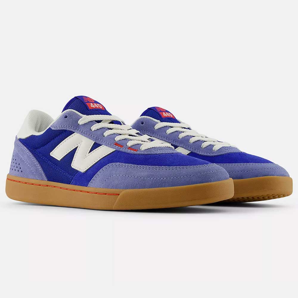 The 440 RTB Blue Gum New Balance Numeric Suede Skateboarding Shoes feature blue and purple suede, white laces, a white N logo, gum rubber soles, and a durable ABZORB midsole, shown against a plain white background.