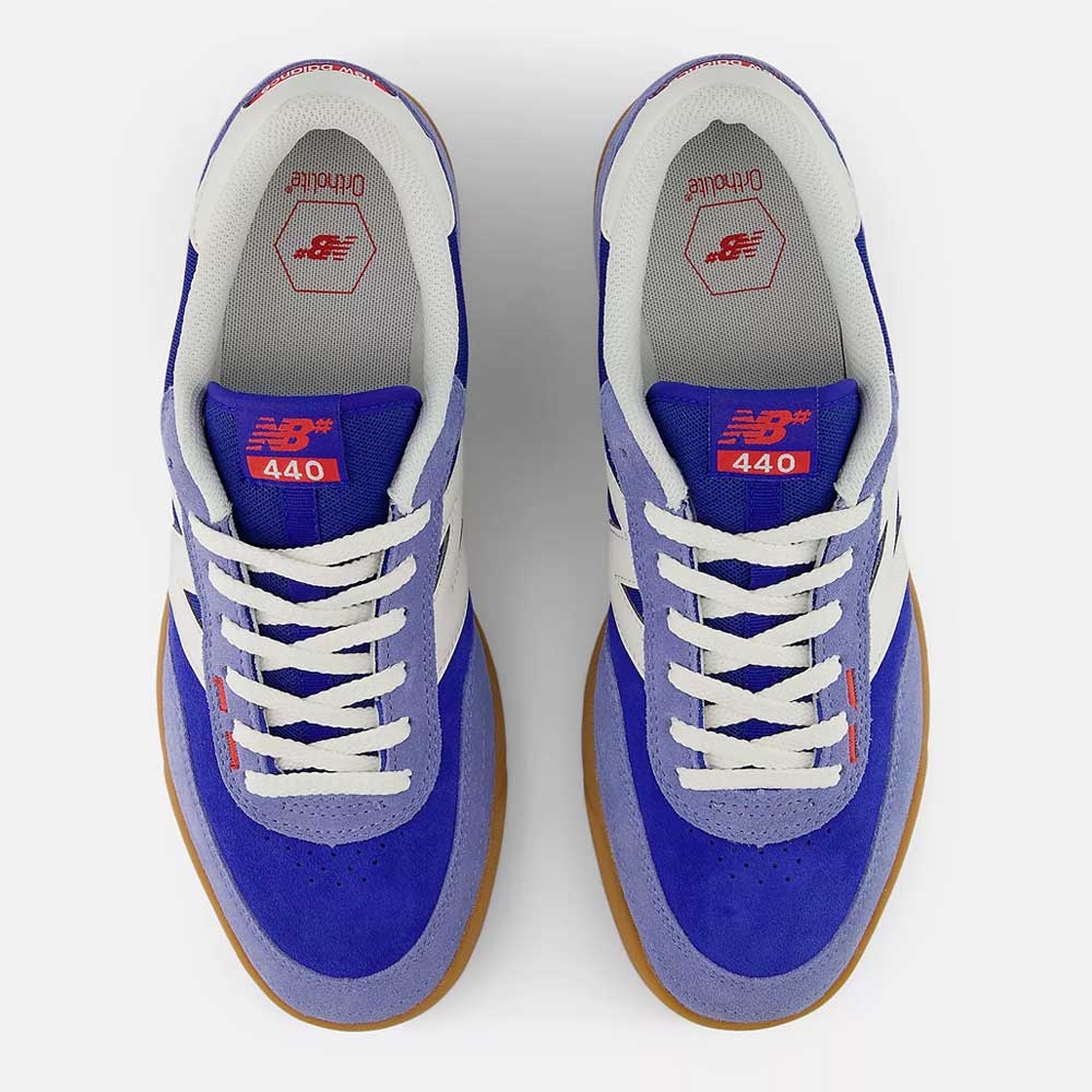 Top view of 440 RTB Blue Gum New Balance Numeric Suede Skateboarding Shoes in blue, white, and gray with white laces and gum soles, featuring an ABZORB midsole, displayed side by side on a white background.