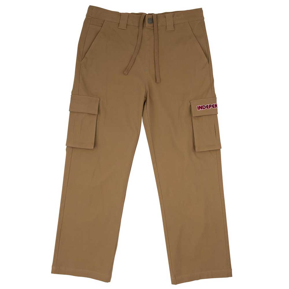 Groundwork Cargo Pants 44643574 in dark khaki ripstop feature side cargo pockets, belt loops, and a drawstring waist. The right pocket flap sports a red and white "INDEPEND" label, inspired by Independent Trucks style.