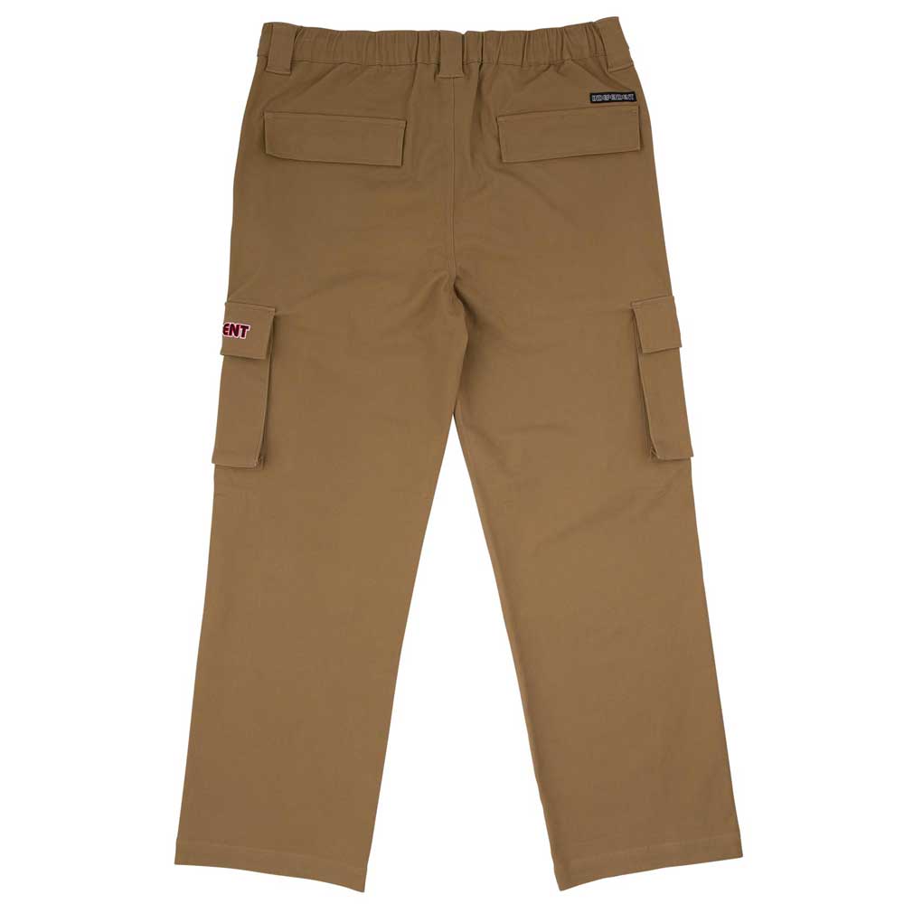 The 44643574 Groundwork Cargo Pants in dark khaki ripstop have an elastic waistband, two back flap pockets, and large side leg pockets—one with a small pink label. Laid flat, back side up. Mens Independent.