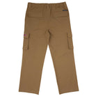 The 44643574 Groundwork Cargo Pants in dark khaki ripstop have an elastic waistband, two back flap pockets, and large side leg pockets—one with a small pink label. Laid flat, back side up. Mens Independent.