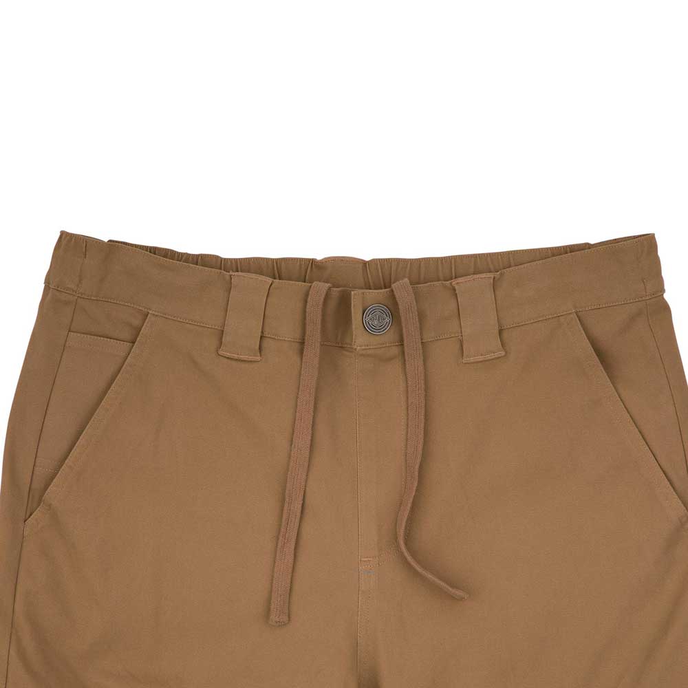Close-up of the 44643574 Groundwork Cargo Pants in dark khaki ripstop, featuring a waistband with belt loops, button closure, zip fly, side pockets, and a matching front drawstring. Mens Independent Bottom.