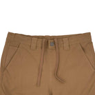 Close-up of the 44643574 Groundwork Cargo Pants in dark khaki ripstop, featuring a waistband with belt loops, button closure, zip fly, side pockets, and a matching front drawstring. Mens Independent Bottom.