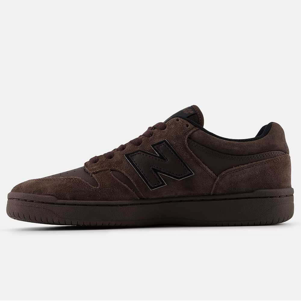 The Chocolate Brown 480 CHC New Balance Numeric Suede Skateboarding Shoes feature heritage basketball-inspired design, a black N logo, black accents, and a matching brown rubber sole, shown in side profile on a plain white background.