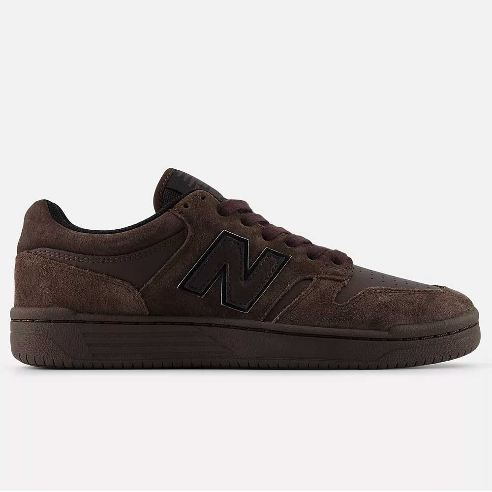 The Chocolate Brown 480 CHC New Balance Numeric Suede Skateboarding Shoes feature FuelCell foam for extra comfort and bounce, and display black lettering on a brown suede design.