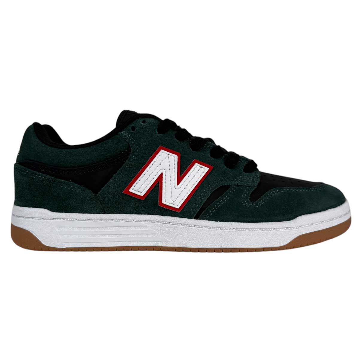 The 480 FOY New Balance Numeric Shoes in Suede Green Black feature a dark green and black upper, white and red N logo, durable leather overlays, FuelCell foam white midsole, and a gum outsole, shown in a side profile view.