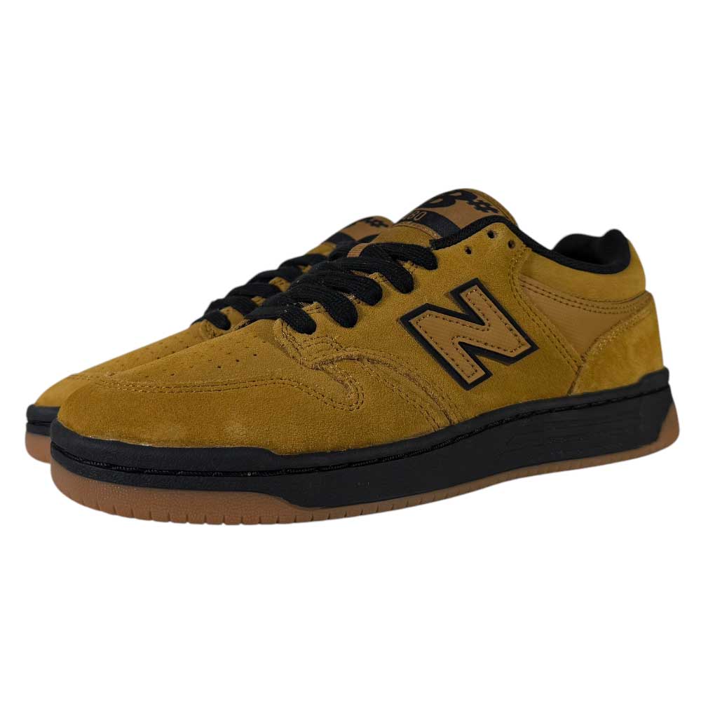 The 480 GDT New Balance Numeric Shoes feature suede in wheat, black laces and soles, the iconic N logo, and a gum-colored outer sole for added grip, blending skate style with function.