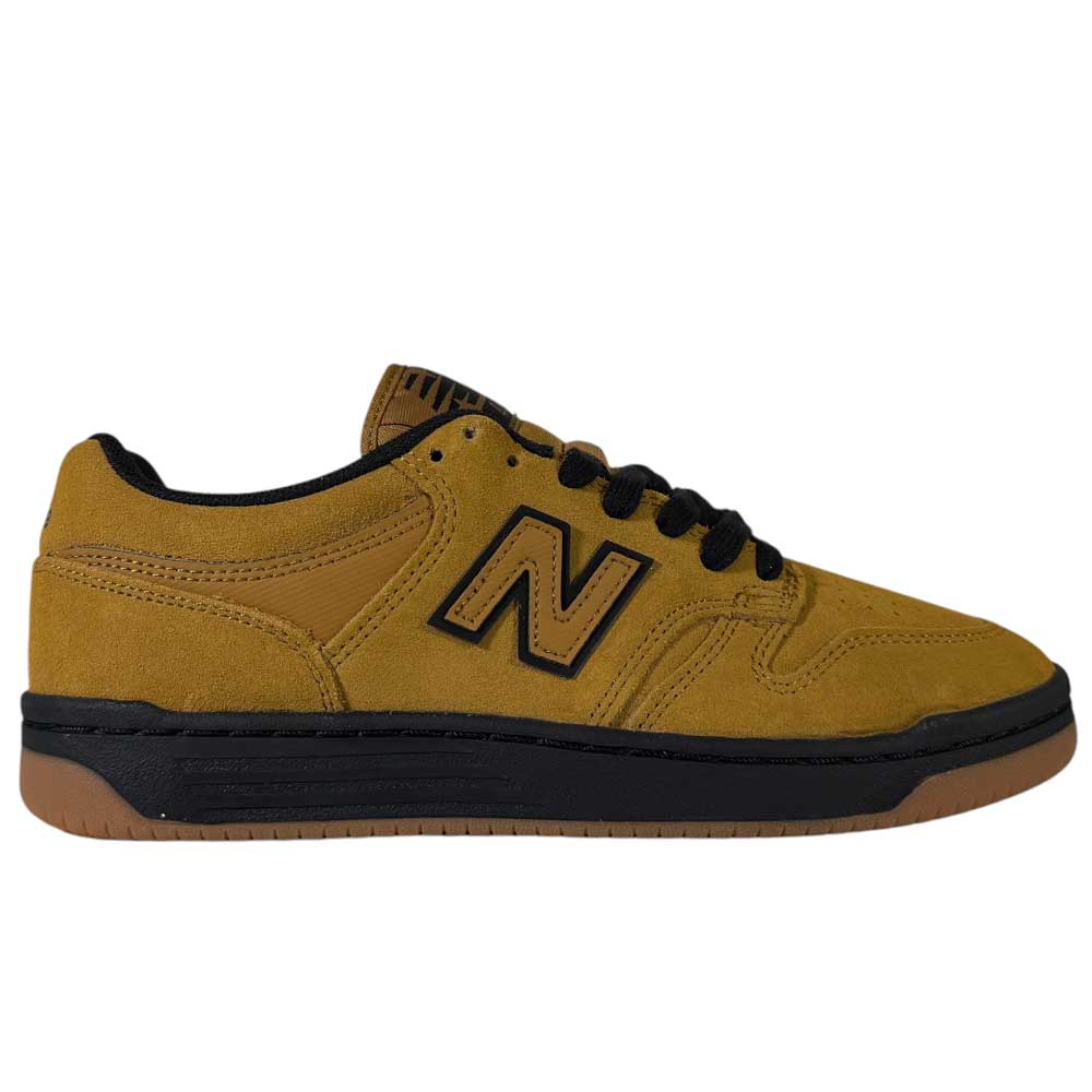 The 480 GDT New Balance Numeric Shoes Suede Wheat Black features a mustard yellow suede upper, black laces and detailing, and a gum sole, shown in side profile against a white background.