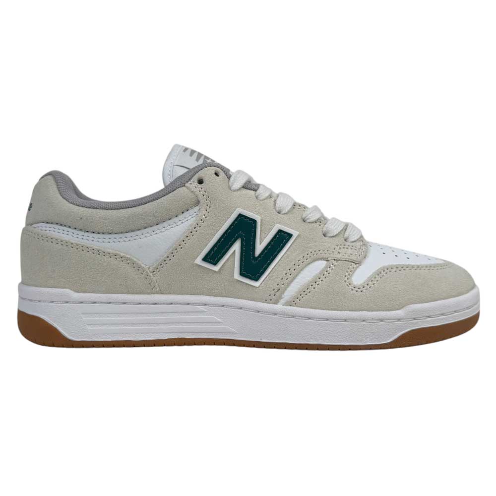 The 480 JDI New Balance Numeric Shoes feature a white and beige suede upper, a dark green N logo, white laces, gray accents, a reinforced toe cap, a white midsole, and a brown gum outsole.