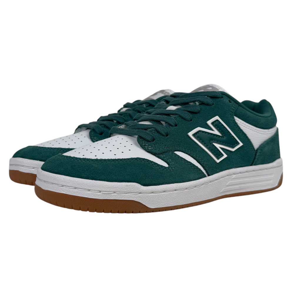 The 480 NDI New Balance Numeric Skateboarding Shoes feature a green and white suede leather upper, white midsoles, gum rubber outsoles, and the signature N logo on the sides.