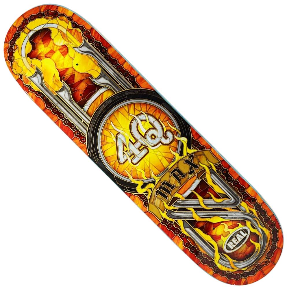 The 4Q Conditioning Max Schaaf 8.5 Real Skateboard Deck showcases a stained-glass-inspired graphic in orange, yellow, and red, with stylized "40" and "Max" at the center to honor Max Schaaf's 4Q Conditioning legacy.