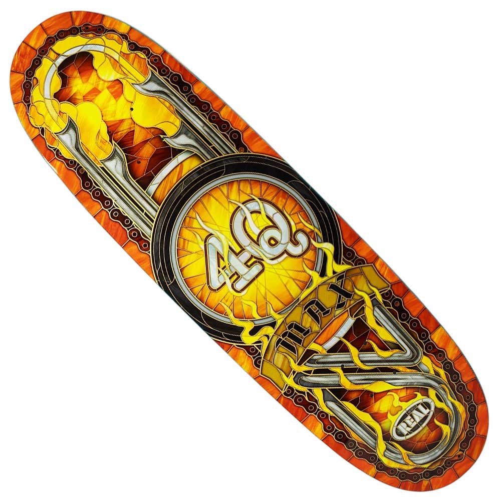 The 4Q Conditioning Max Schaaf 9.1 Oval Real Skateboard Deck showcases bold “46” and “MTA” letters on vibrant yellow and orange stained-glass style art, surrounded by metallic geometric designs inspired by Max Schaaf’s signature style.