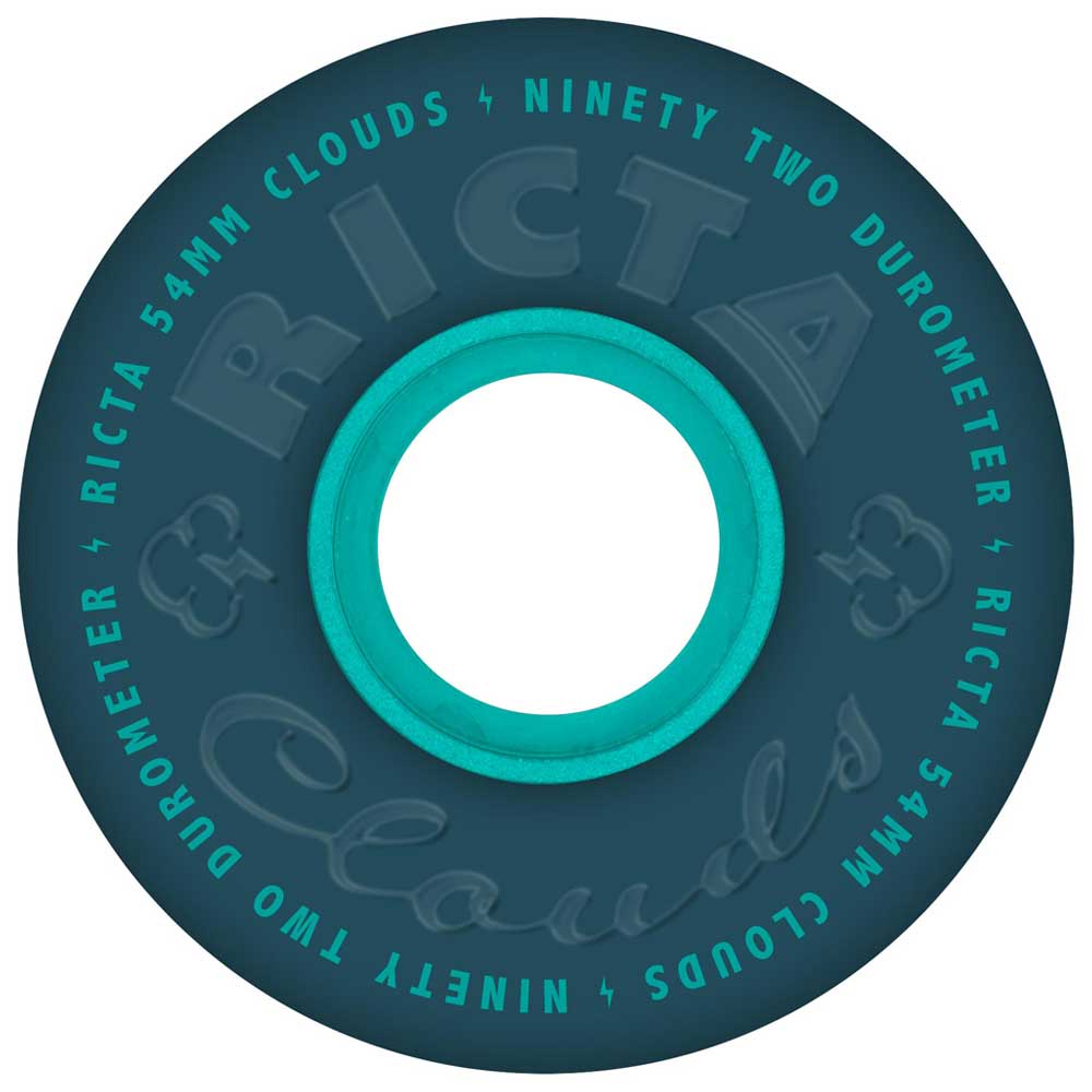 A navy skateboard wheel featuring "54mm Clouds Navy 92a Ricta Wheels" text around the edge and a "Clouds" script across the center.