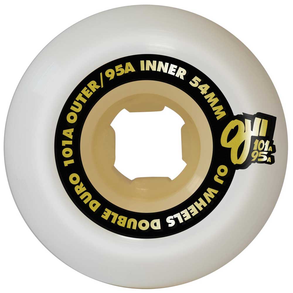 A white 54mm Double Duro Gum Chubbies skateboard wheel by OJ Wheels, 101a outer/95a inner, tan core, black and yellow text, and a unique square-shaped hole at the center.