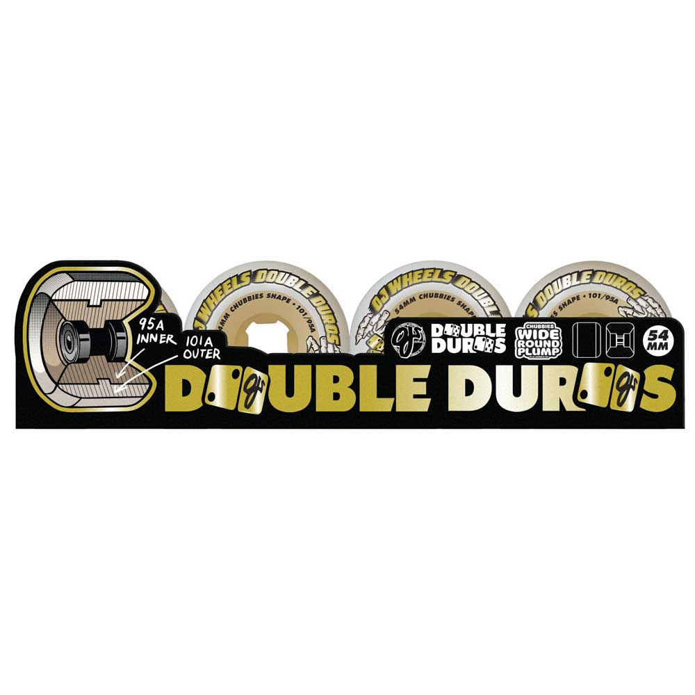 Four beige and black 54mm Double Duro Gum Chubbies OJ Wheels are shown in a row above bold yellow “Double Duros” text, with logos and specs like “54mm,” “95A inner,” and “101A outer” on display.
