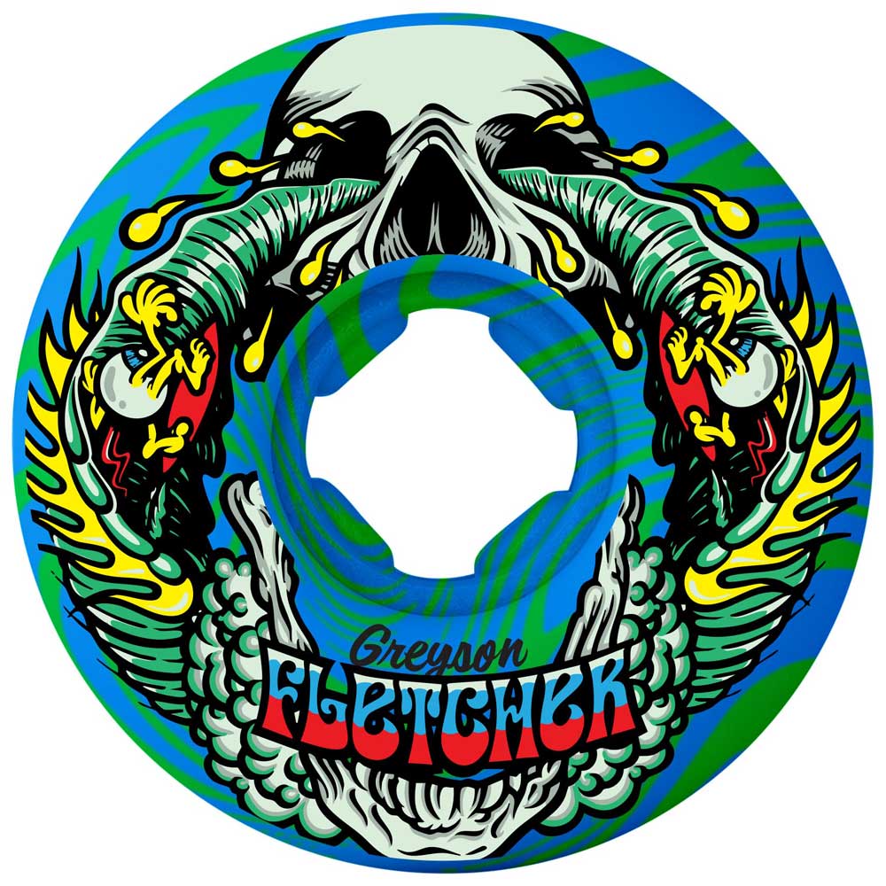The 54mm Greyson Fletcher Guest Chubbies Green Blue Swirl 99a Slime Balls wheels feature a vibrant skull with yellow liquid streaming from its eyes, fiery wings on each side, and Greyson Fletcher's name boldly at the bottom.