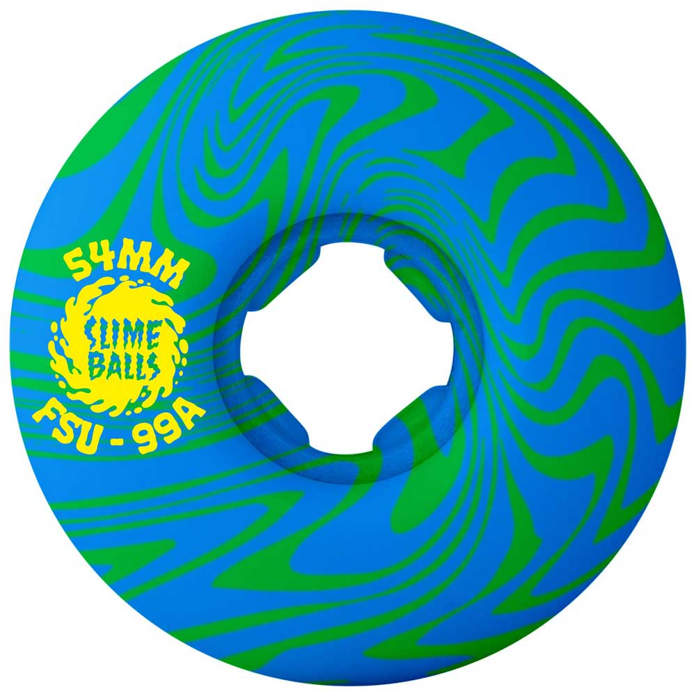 The 54mm Greyson Fletcher Guest Chubbies Green Blue Swirl 99a Slime Balls Wheels feature a blue and green swirling pattern with bold yellow “54MM SLIME BALLS FSU - 99A” text for standout style on your skateboard.
