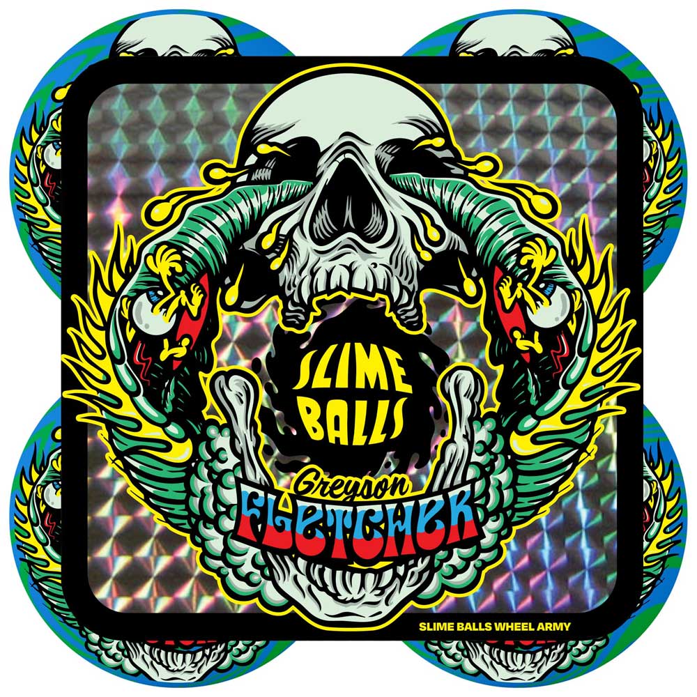 A holographic sticker displays a stylized skull with green tentacles, red-eyed birds, and bold "Slime Balls Greyson Fletcher" text over a vibrant background, matching the 54mm Greyson Fletcher Guest Chubbies Green Blue Swirl 99a Slime Balls Wheels.
