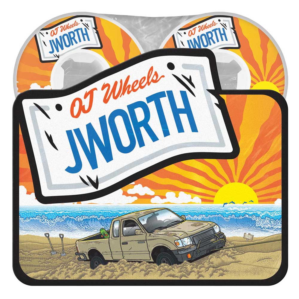 Illustration of a beige pickup truck driving on a sandy beach at sunrise. In the foreground, a large sign reads “54mm John Worthington Elite White Hardline 99a OJ Wheels,” evoking the spirit of adventure and freedom.