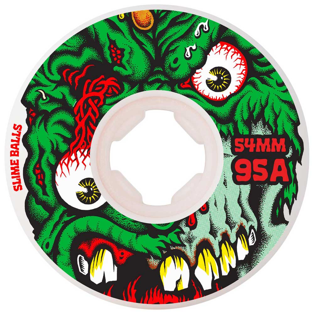 The 54mm Roskopp Face Two Reissue White Hardline 95a Slime Balls Wheel showcases vivid green monster artwork with bulging eyes, sharp teeth, and bold “SLIME BALLS,” “54MM,” and “95A” text.