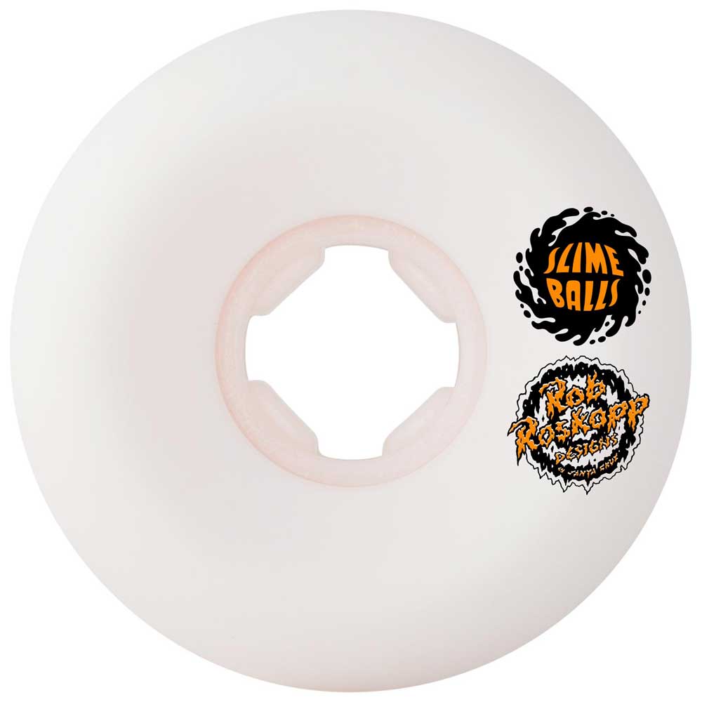 The 54mm Roskopp Face Two Reissue White Hardline 95a Slime Balls wheels feature a white base with two vibrant logos: a yellow and green "Slime Balls" in black splatter and a bold orange "Roskopp Pro Series" with a jagged design.