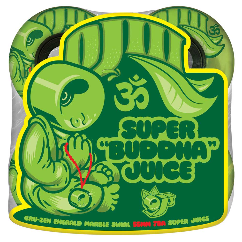 A green, cartoon-style turtle meditates with a red beaded necklace against leafy foliage. Bold “55mm Cru-Zen Mini Super Juice Emerald Marble Swirl 78a OJ Wheels” text and a large Om symbol stand out alongside vibrant product details.