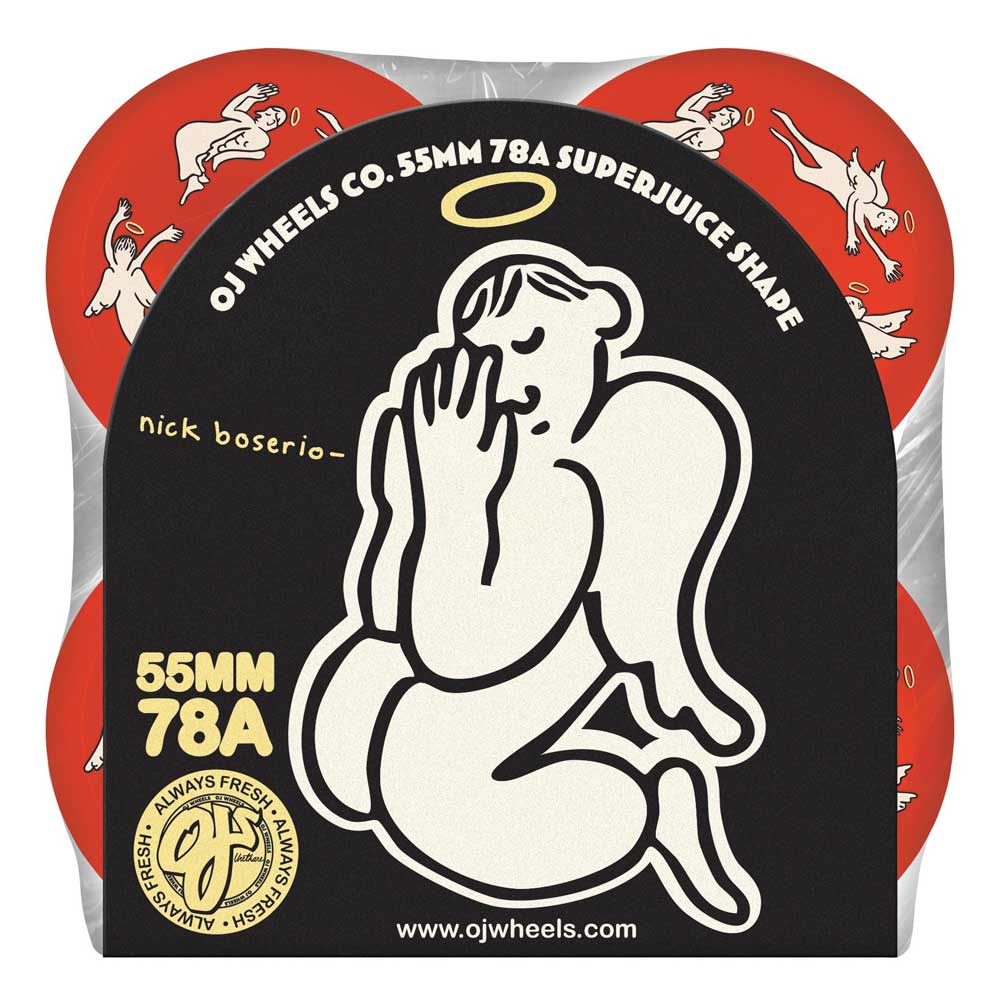 Four red 55mm Nick Boserio Holy Angels Mini Super Juice 78a OJ Wheels with an angel design come in a black sleeve featuring a bold white angel outline and Nick Boserio’s name on the front.