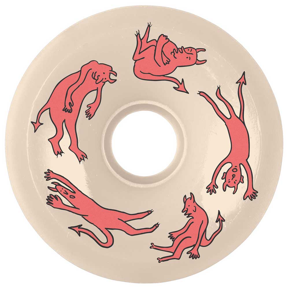 The 55mm Nick Boserio Little Devils Original White 99a OJ Wheel is a beige, circular skate wheel featuring five red, cartoonish devil figures with horns, tails, and playful expressions surrounding its center hole.