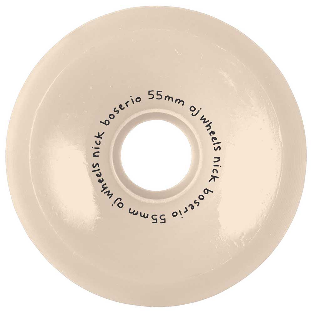 A white 55mm skateboard wheel featuring "OJ Wheels Nick Boserio Little Devils Original 99a" printed in a circle around the center hole.