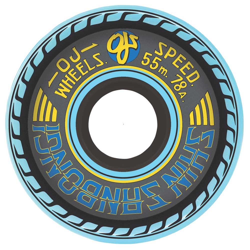 The 55mm Shin Sanbongi Mini Super Juice Blue 78a from OJ Wheels is a black skate wheel with blue and yellow accents. "55mm 78A Mini Super Juice" is printed on it, and the bold blue tire-like outer edge adds standout style.