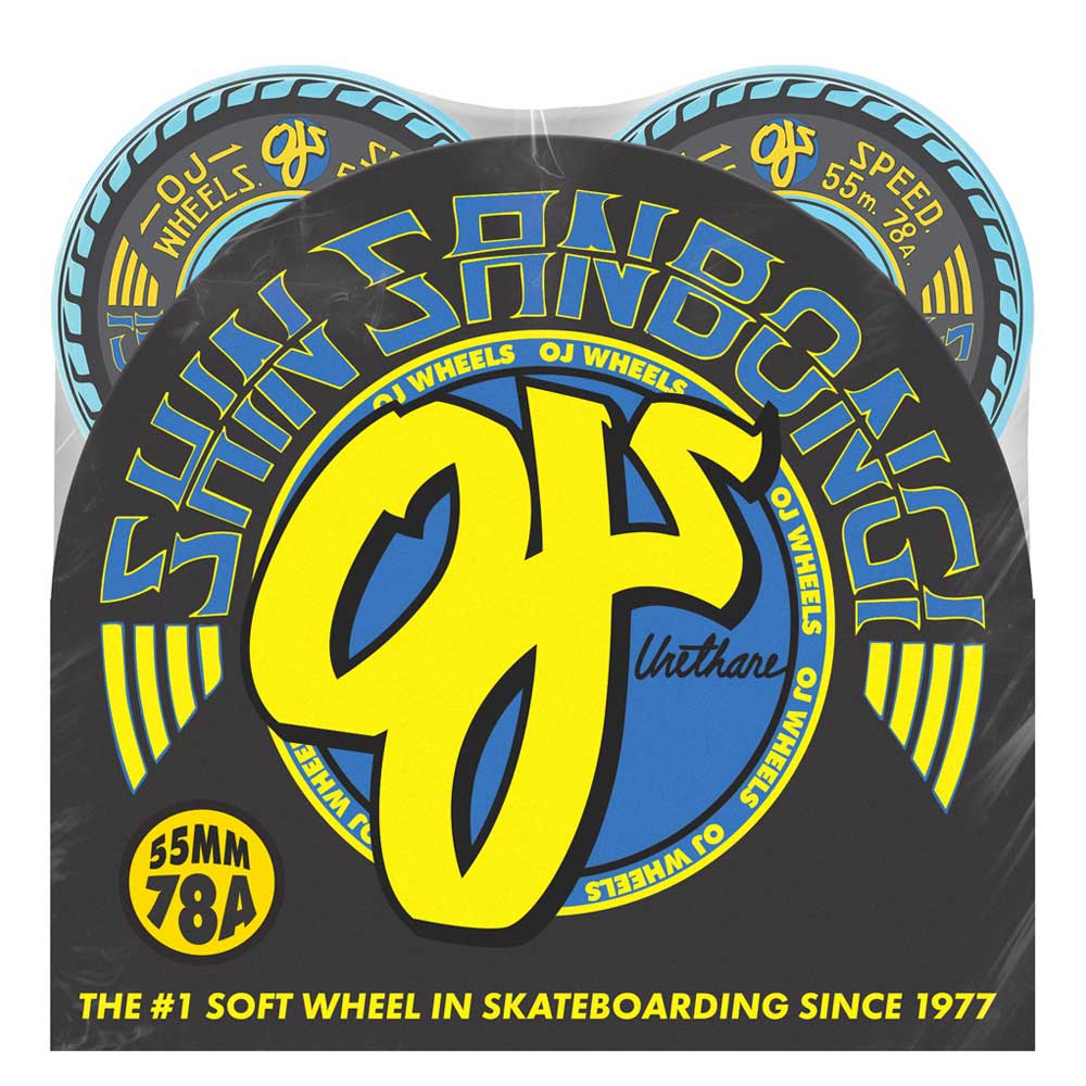 Bright packaging displays four 55mm Shin Sanbongi Mini Super Juice Blue 78a OJ Wheels. Bold yellow and blue text highlights OJ Wheels, Shin Sanbongi, 55mm 78a, and The #1 Soft Wheel in Skateboarding Since 1977.