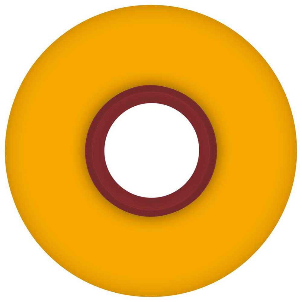 A top-down view of a 56mm Clouds Mustard 86a Ricta Wheel, featuring a vibrant yellow color with a red inner ring and white center, displayed against a clean white background.