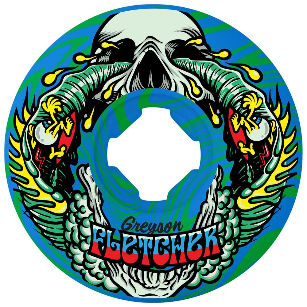 The 56mm Greyson Fletcher Guest Vomit Mini Green Blue Swirl 99a Slime Balls Wheels feature vibrant skateboard wheel art with a white skull, green tentacles, yellow and red flames, and "Greyson Fletcher" text on a blue-green swirl background.
