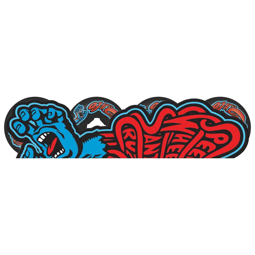 A vibrant skateboard sticker with a blue hand featuring a screaming mouth and bold red graffiti-style fingers, showcasing the 56mm Screaming Hand Original Black Chubbies 101a OJ Wheels in the background.