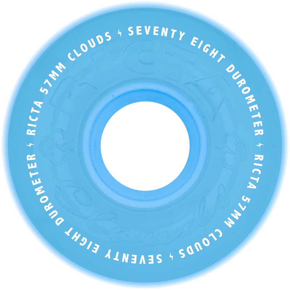 Aqua glow-in-the-dark 57mm Clouds GITD 78a Ricta wheels with white edge text, featuring a center hole for an axle—ideal for cruising and smooth rides.