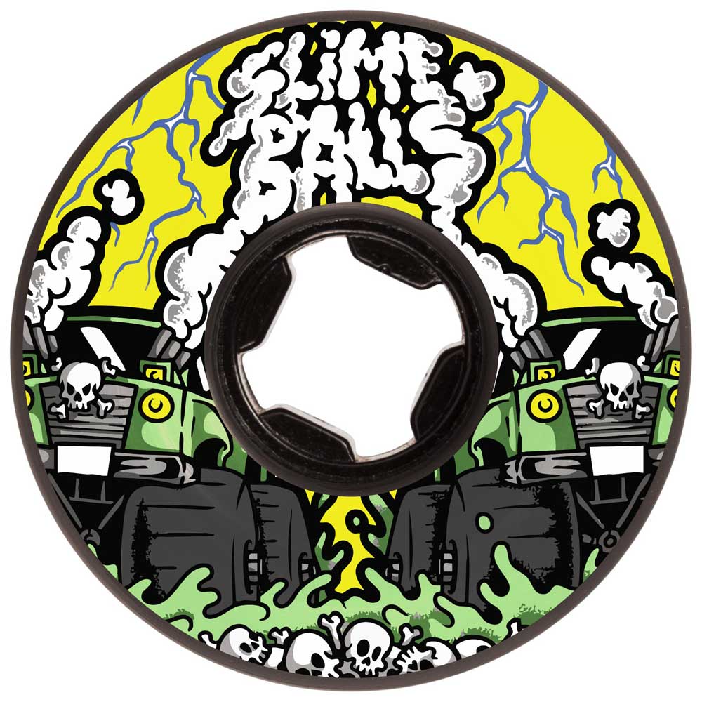 The 58mm Accelerator Vomit Mini Black 99a Slime Balls Wheels skateboard features "Slime Balls" in gooey white letters, green trucks with skulls, black tires, neon green slime, a bold yellow background, and sharp white lightning bolts.