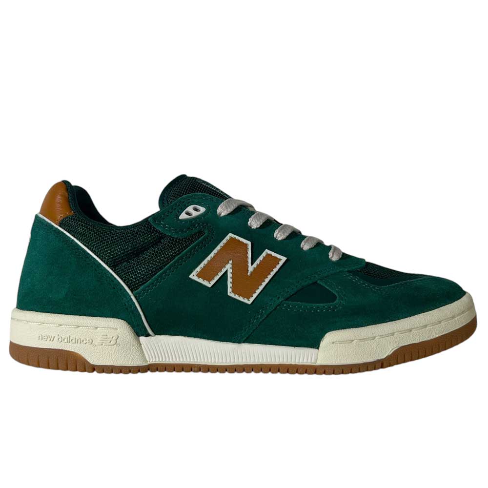 The 600 ALB Tom Knox Green Brown Suede New Balance Numeric Skateboarding Shoes feature a green upper with brown and white accents, a brown N logo, white laces, and a beige rubber sole—perfect for skateboarding.