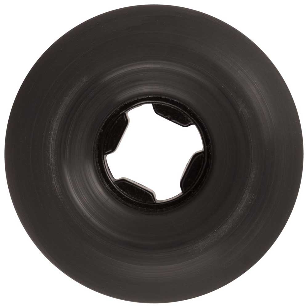 A close-up view from above of a 60mm Bullet Riot Vomits Black 97a Slime Balls skateboard wheel, featuring a smooth black surface and a central star-shaped cutout for axle attachment.