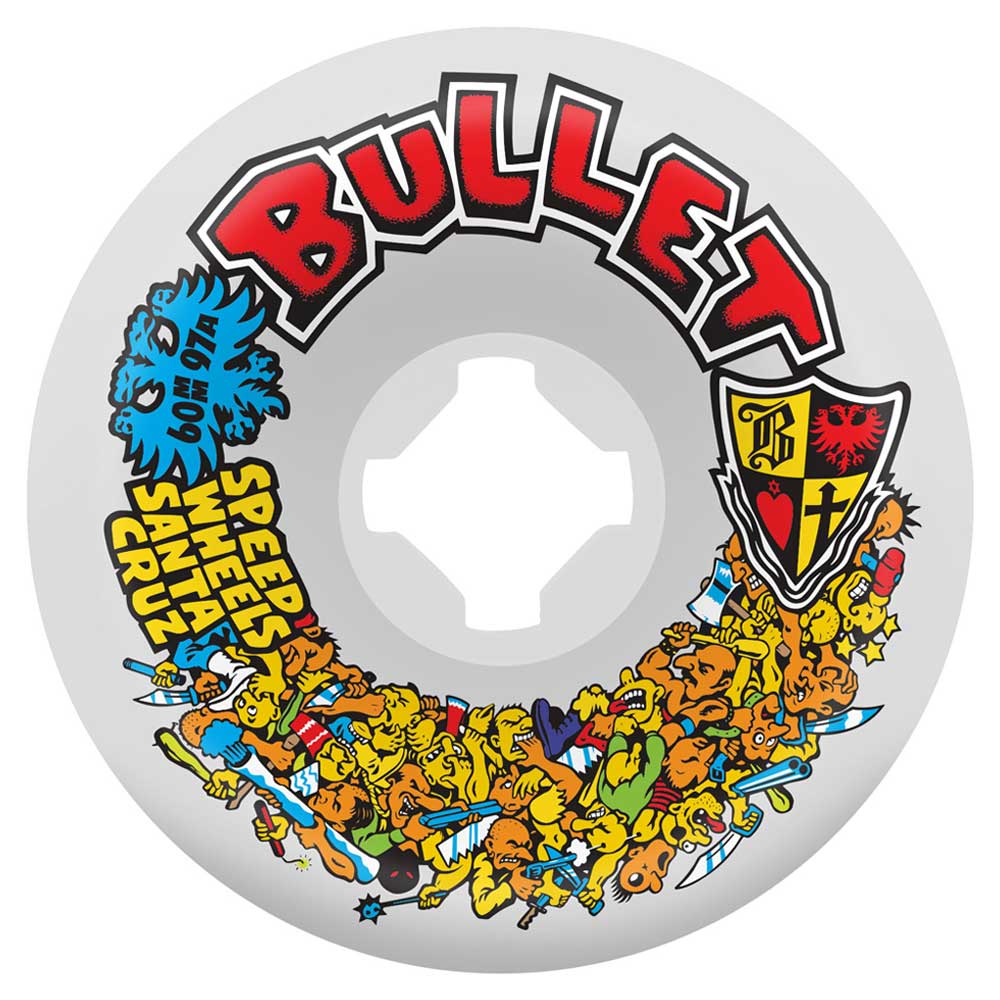 The 60mm Bullet Riot Vomits White 97a Slime Balls Wheels feature BULLET in bold red, a yellow and black crest, and cartoon characters with swords and shields around the edge. Labeled Speed Wheels Santa Cruz for optimal performance.
